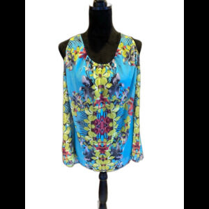 A.N.A. Blouse Plus Size 1X Sleeveless Top Turquois Yellow Pink Rounded Neckline